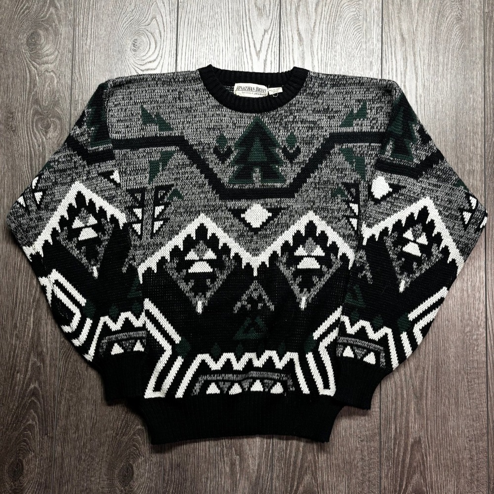 Vintage Jonathan Bryan Geometric Tree Knit Sweater Mens Medium Black Green Grey